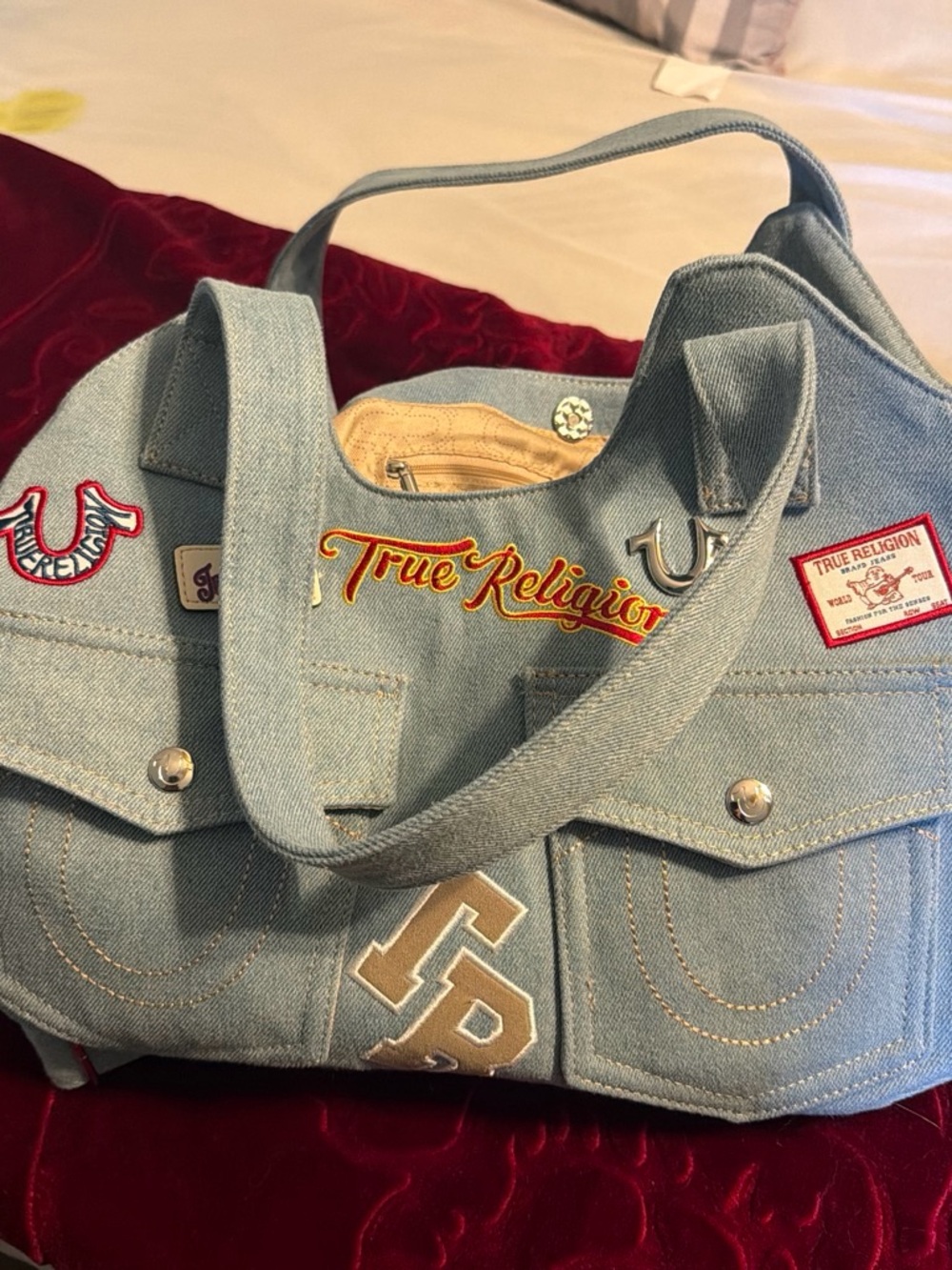 True Religion Light Blue Denim Shoulder Tote with Embroidered Logo